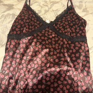 NWT Garage Rose Floral Black Spaghetti Strap Satin Midi Lace Trim Slip Dress
